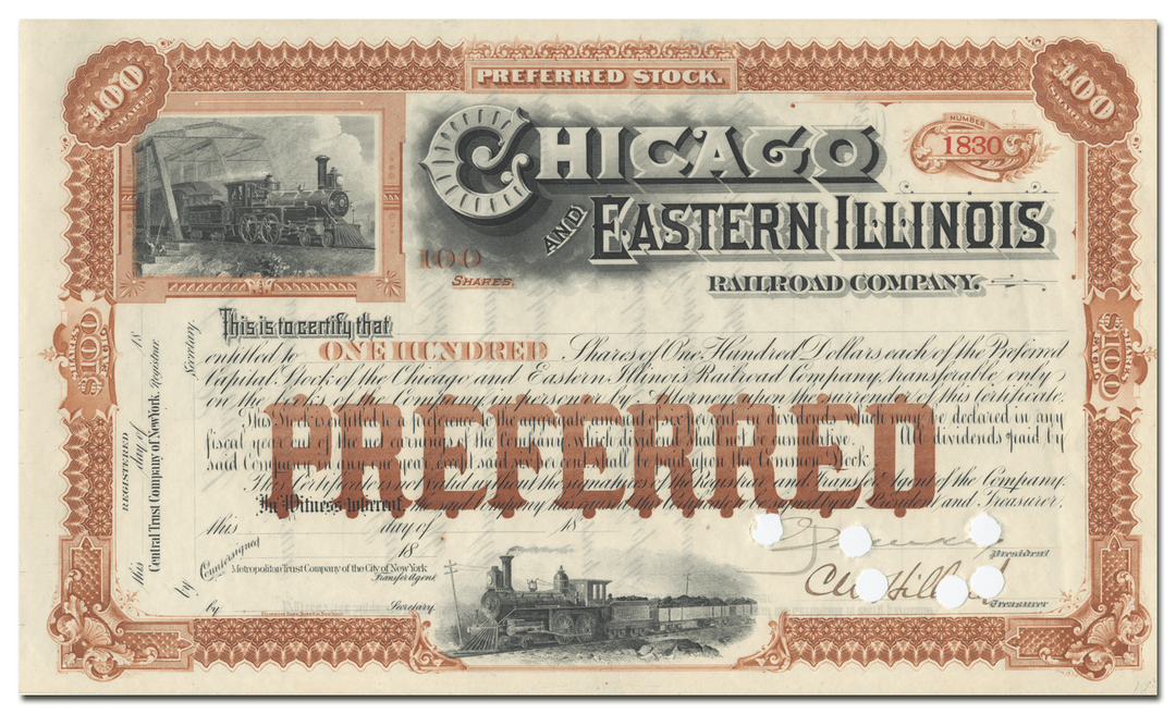 Chicago and Eastern Illinois Railroad Company Stock Certificate