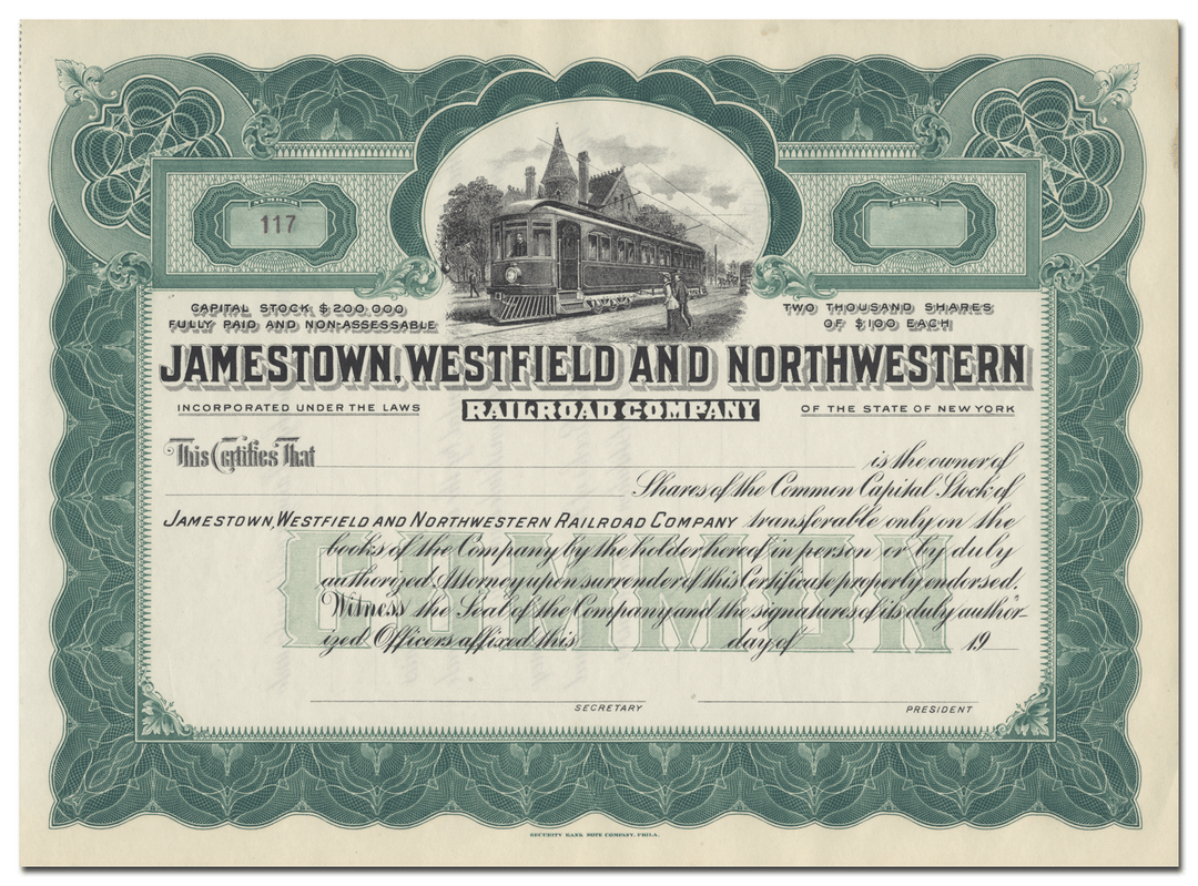 Jamestown, Westfield and Northwestern Railroad Company Stock Certificate