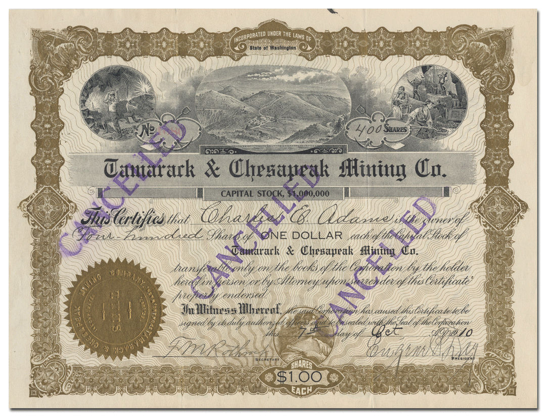 Tamarack & Chesapeak Mining Company Stock Certificate