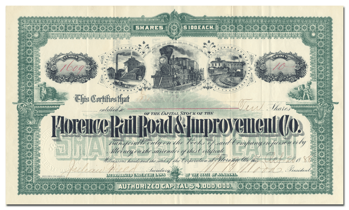 Florence Rail Road & Improvement Co. Stock Certificate