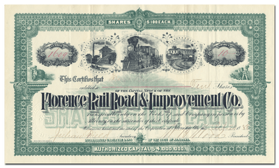 Florence Rail Road & Improvement Co. Stock Certificate