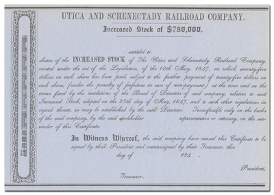 Utica and Schenectady Railroad Company Stock Certificate