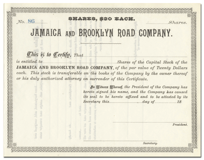 Jamaica and Brooklyn Road Company Stock Certificate