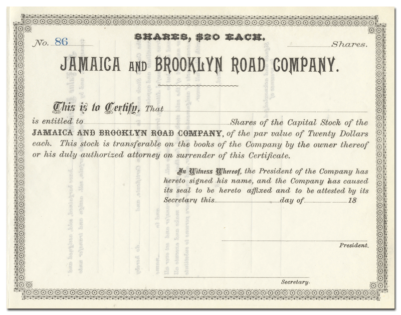 Jamaica and Brooklyn Road Company Stock Certificate