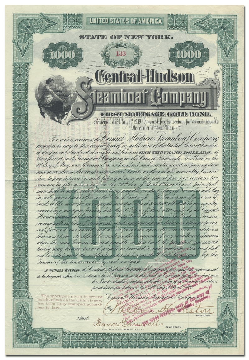 Central Hudson Steamboat Company Bond Certificate