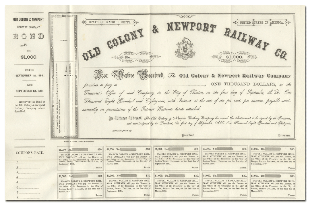 Old Colony & Newport Railway Company Stock Certificate