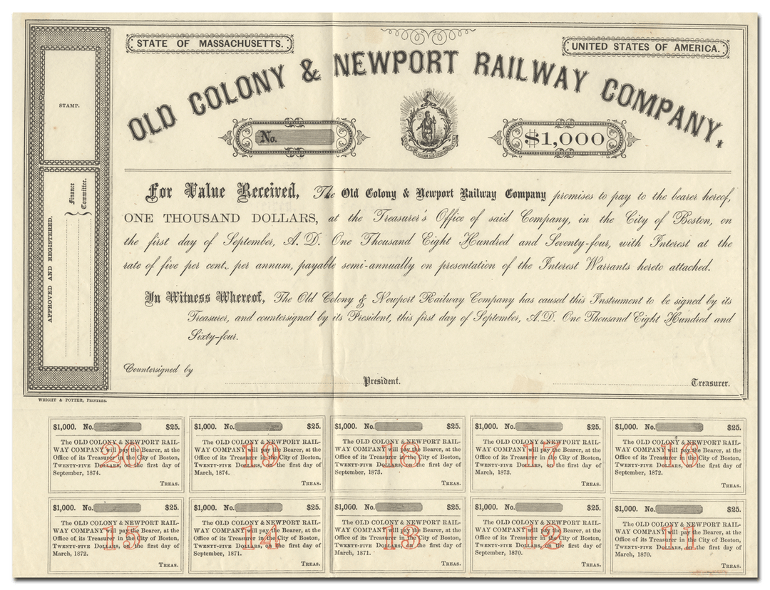 Old Colony & Newport Railway Company Bond Certificate