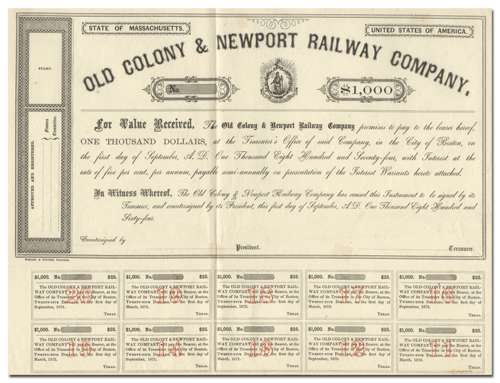 Old Colony & Newport Railway Company Bond Certificate