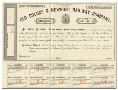 Old Colony & Newport Railway Company Bond Certificate
