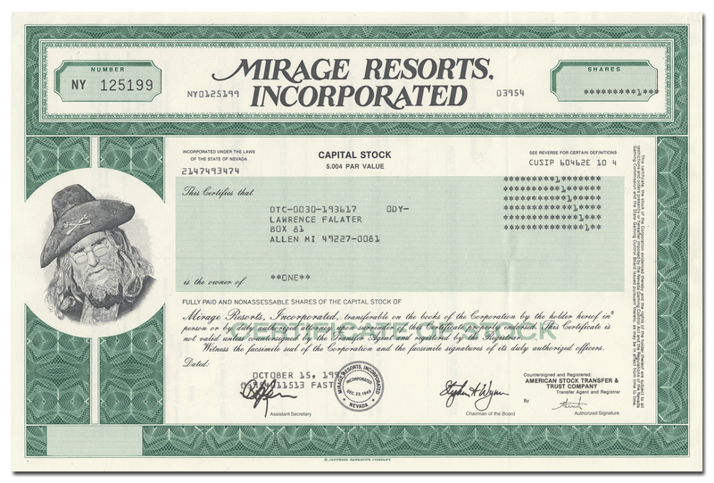 Mirage Resorts, Incorporated Stock Certificate