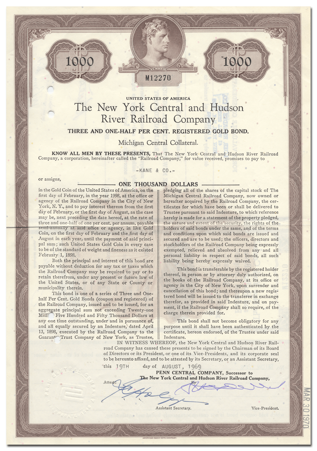 New York Central and Hudson River Railroad Company Bond Certificate