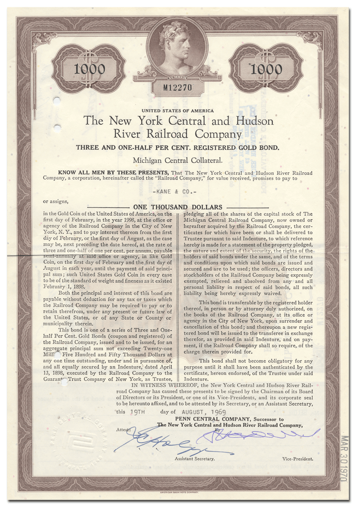 New York Central and Hudson River Railroad Company Bond Certificate