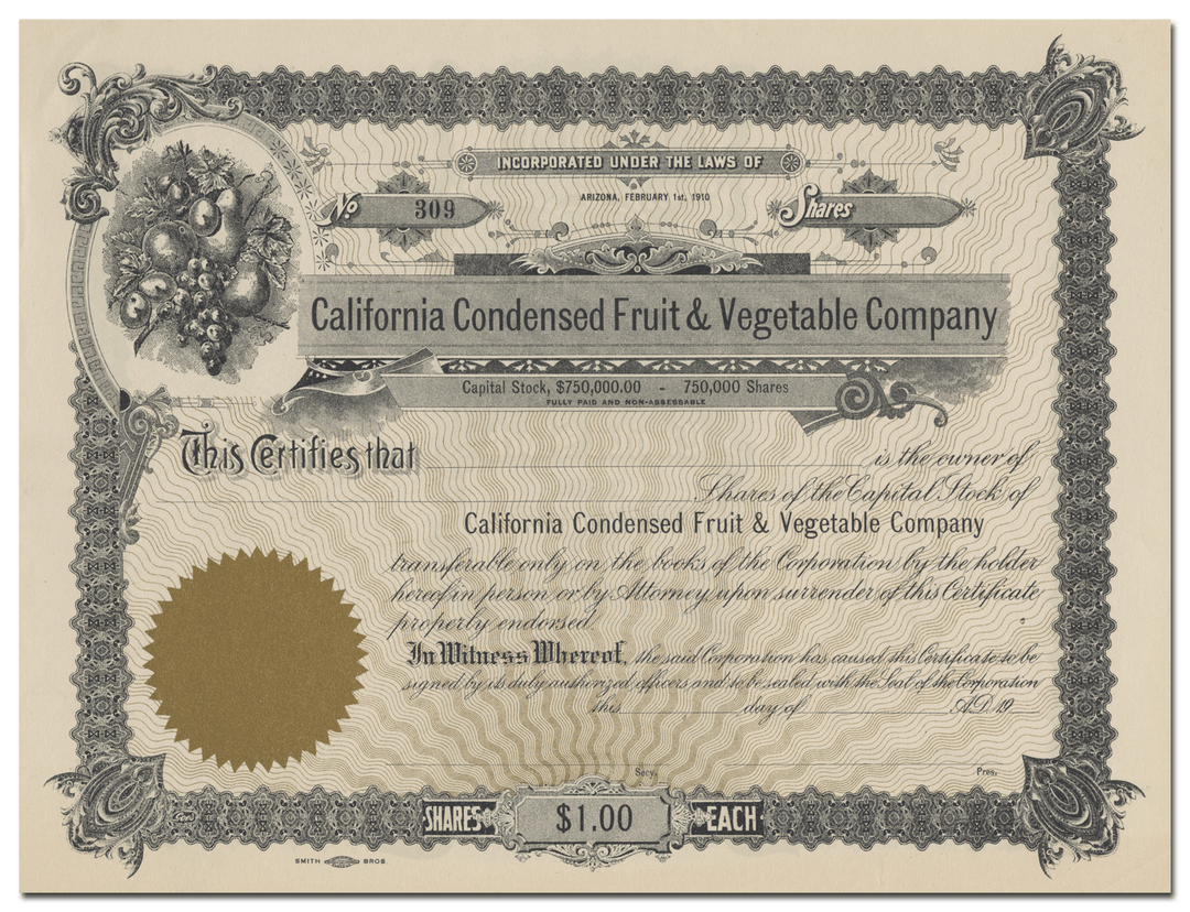 California Condensed Fruit & Vegetable Company Stock Certificate