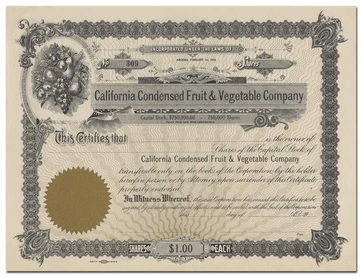 California Condensed Fruit & Vegetable Company Stock Certificate