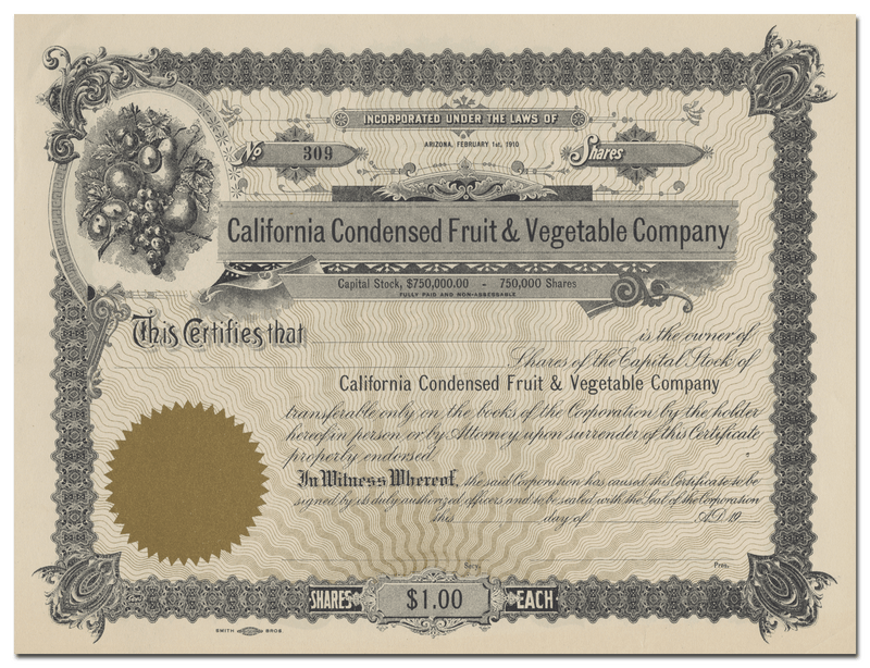 California Condensed Fruit & Vegetable Company Stock Certificate