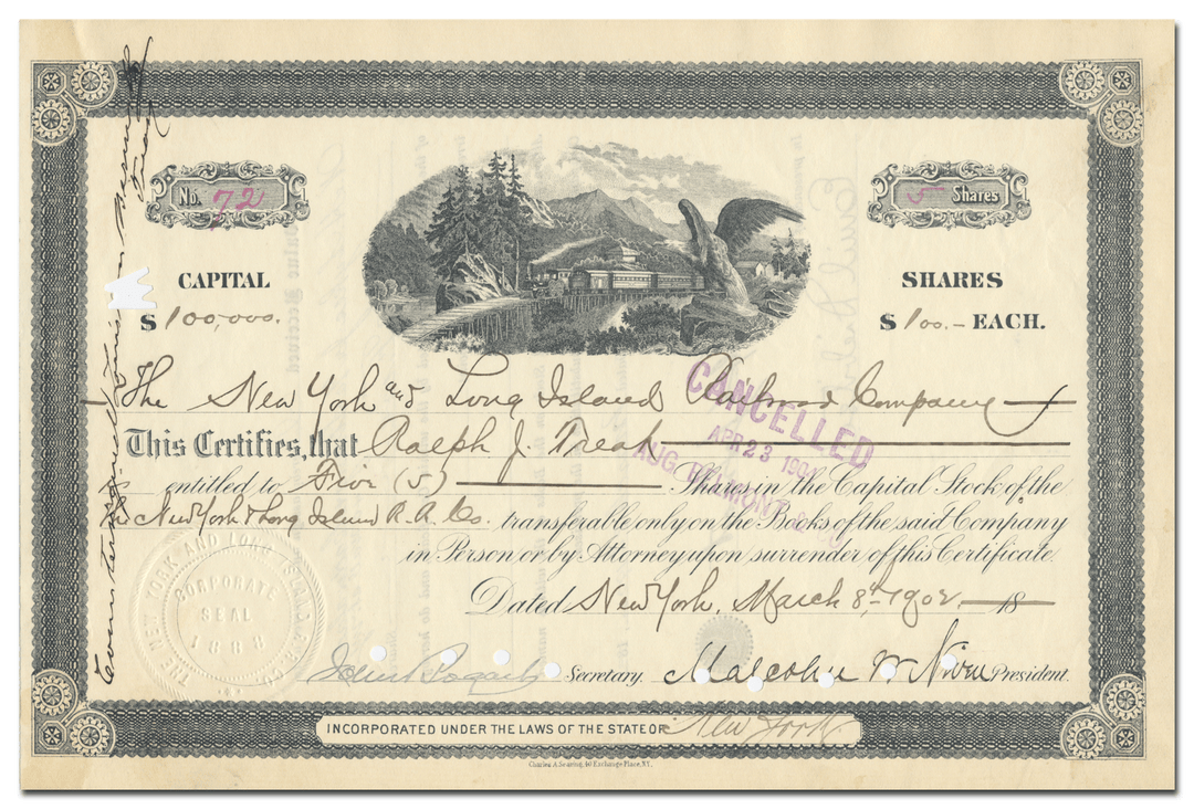 New York and Long Island Railroad Company Stock Certificate