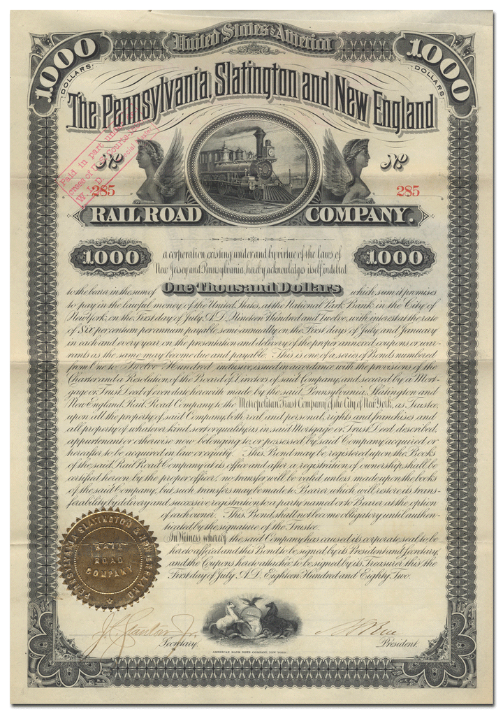 Pennsylvania, Slatington & New England Railroad Company Bond Certificate