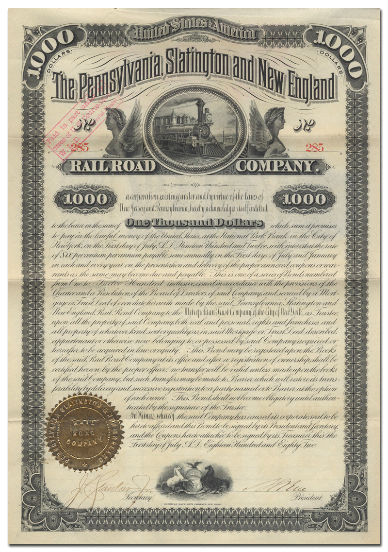 Pennsylvania, Slatington & New England Railroad Company Bond Certificate