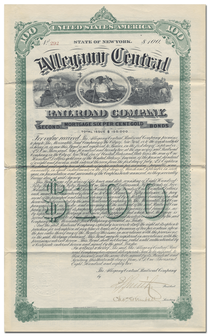 Allegany Central Railroad Company Bond Certificate