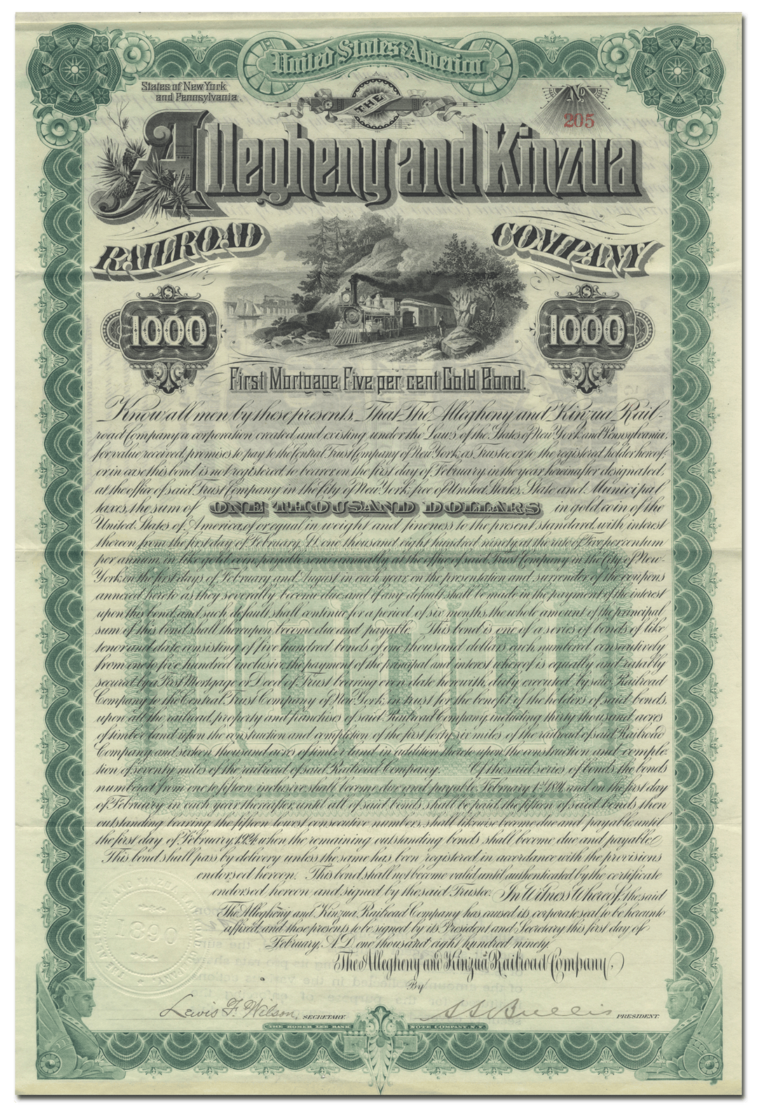 Allegheny and Kinzua Railroad Company Bond Certificate