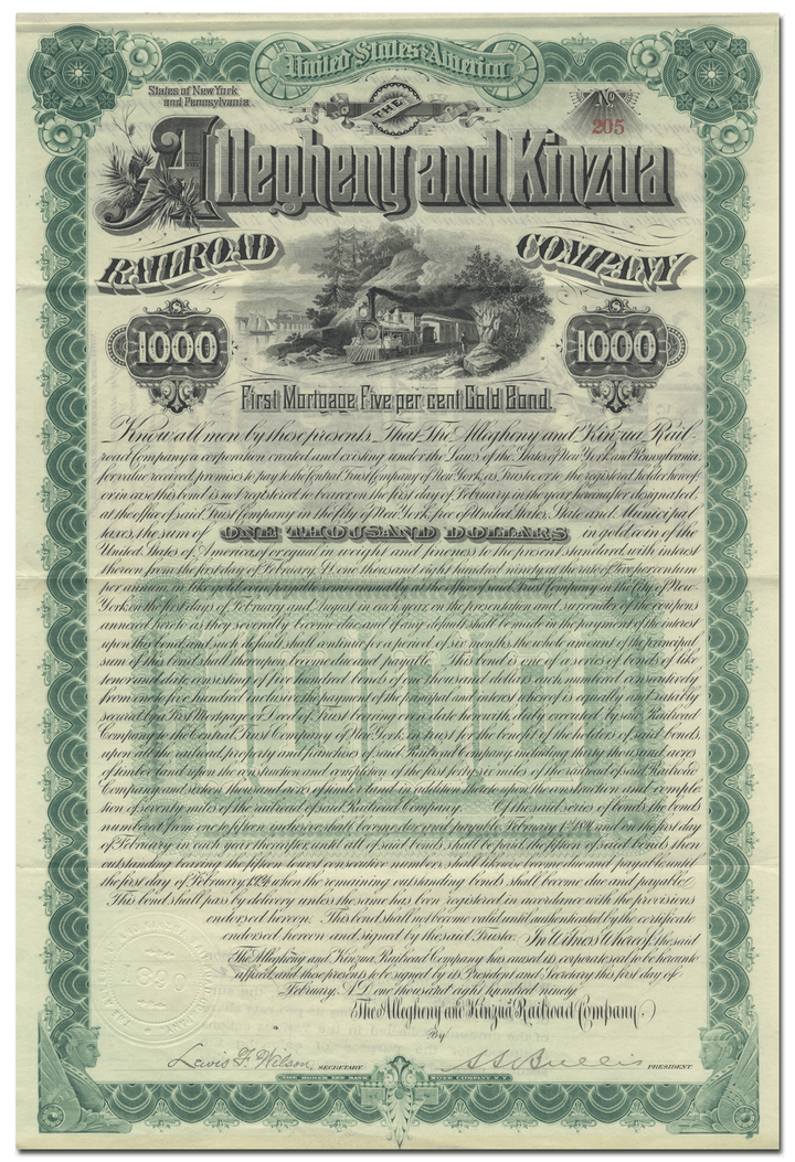 Allegheny and Kinzua Railroad Company Bond Certificate