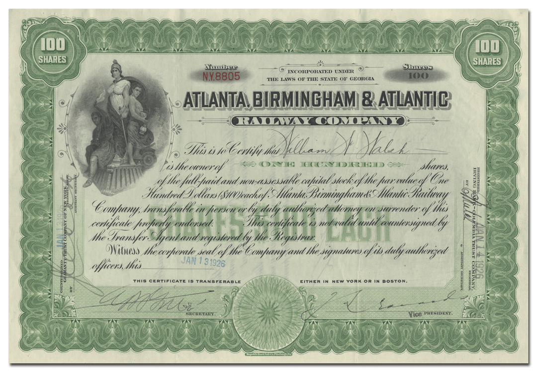 Atlanta, Birmingham & Atlantic Railway Company Stock Certificate