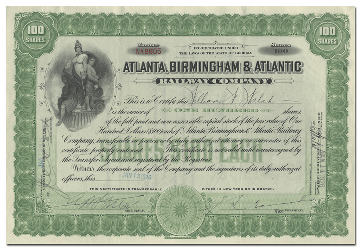 Atlanta, Birmingham & Atlantic Railway Company Stock Certificate