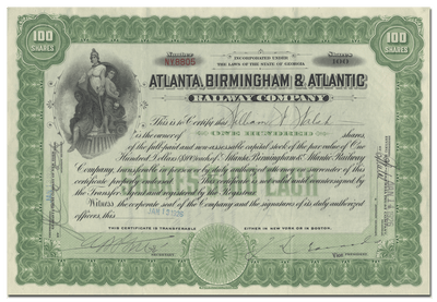 Atlanta, Birmingham & Atlantic Railway Company Stock Certificate