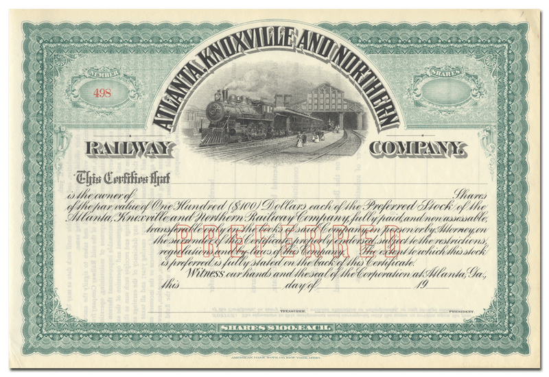 Atlanta, Knoxville and Northern Railway Company Stock Certificate