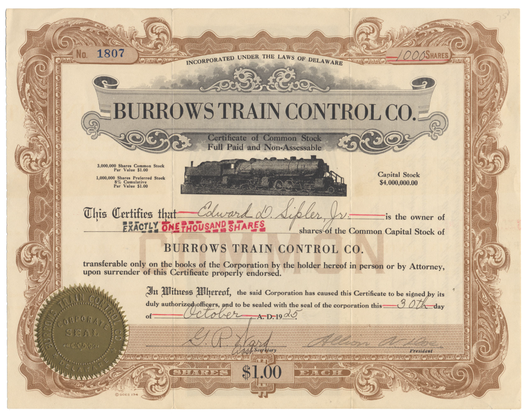 Burrows Train Control Co. Stock Certificate