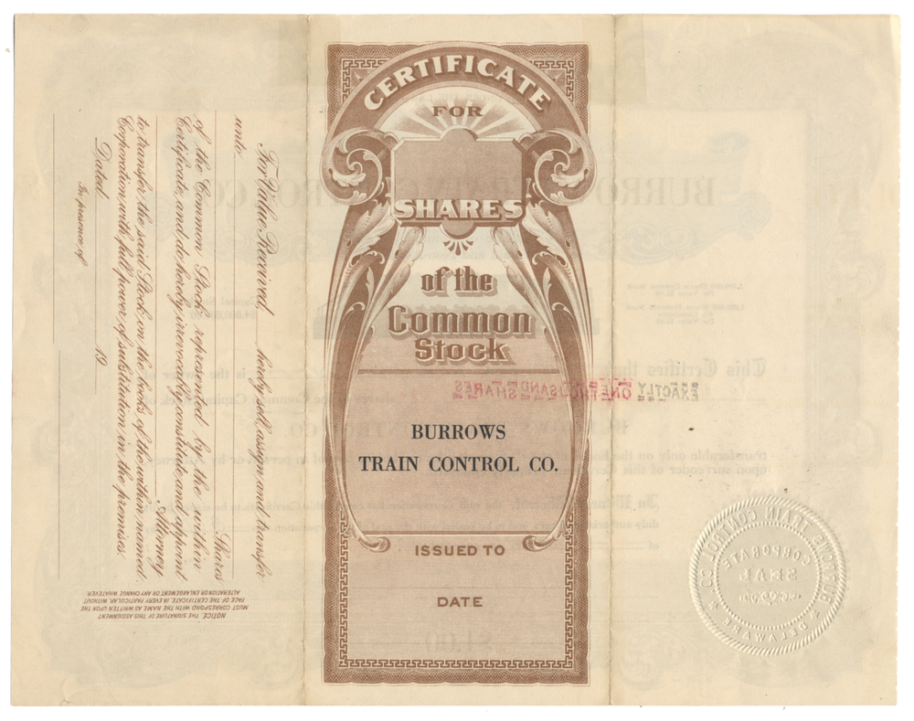 Burrows Train Control Co. Stock Certificate