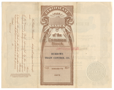 Burrows Train Control Co. Stock Certificate