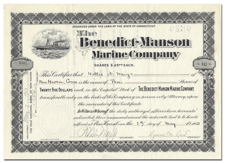 Benedict-Manson Marine Company Stock Certificate