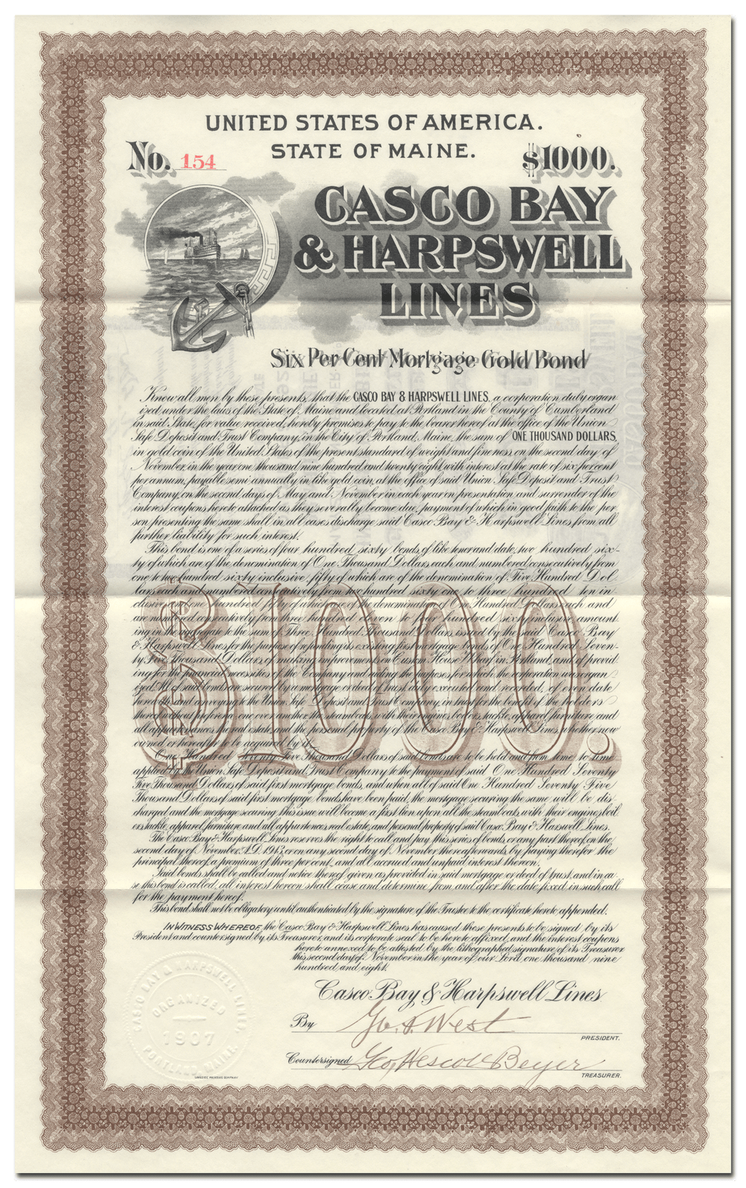 Casco Bay & Harpswell Lines Bond Certificate