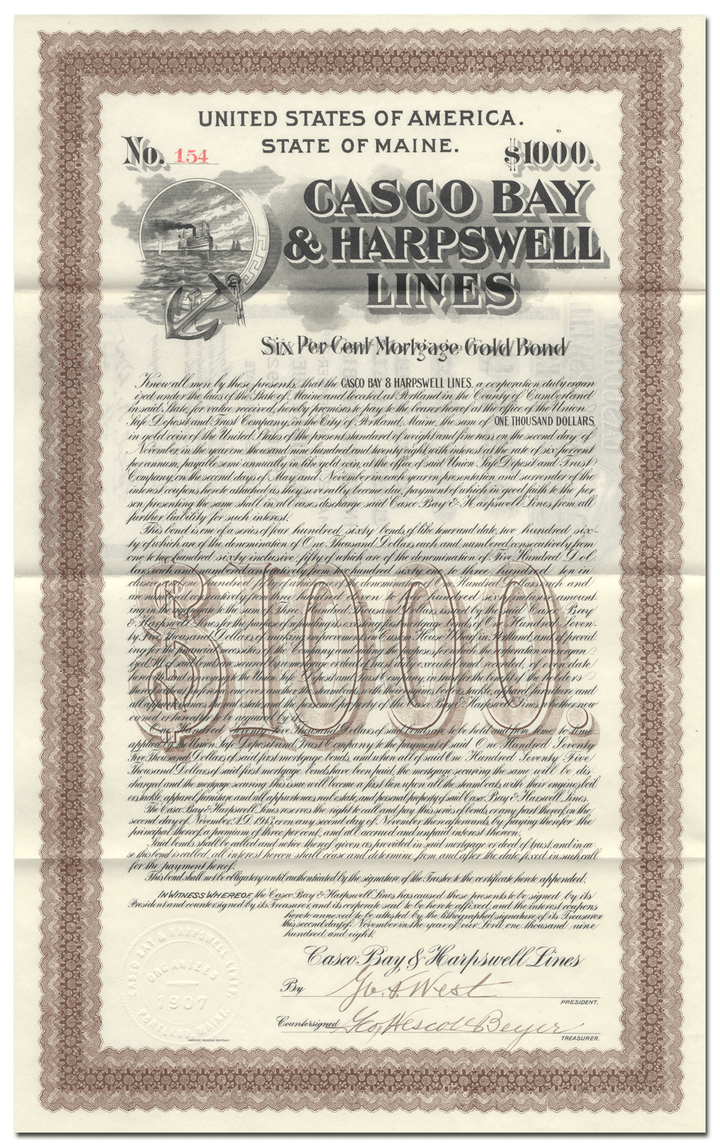 Casco Bay & Harpswell Lines Bond Certificate