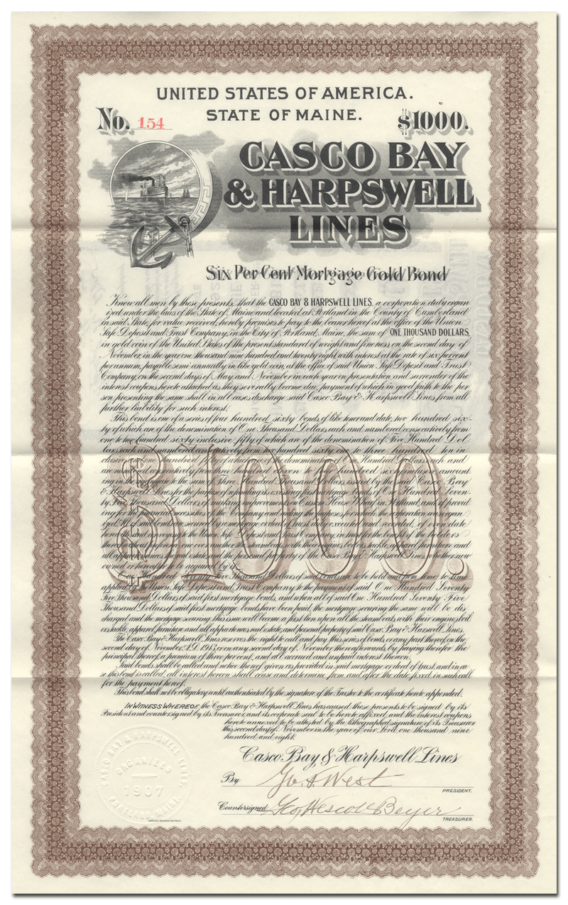 Casco Bay & Harpswell Lines Bond Certificate