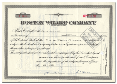 Boston Wharf Company Stock Certificate