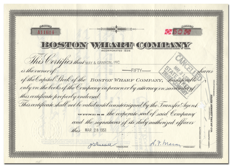 Boston Wharf Company Stock Certificate