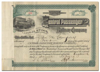 Central Passenger Railway Company Stock Certificate