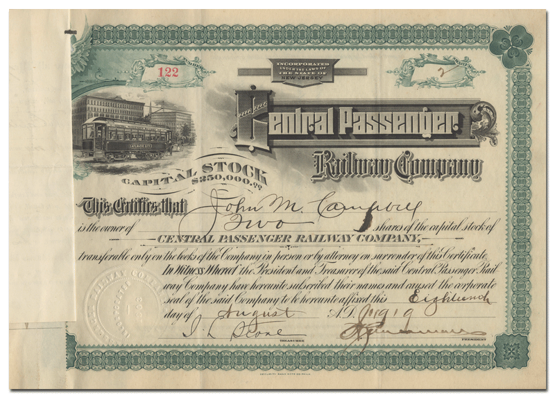 Central Passenger Railway Company Stock Certificate