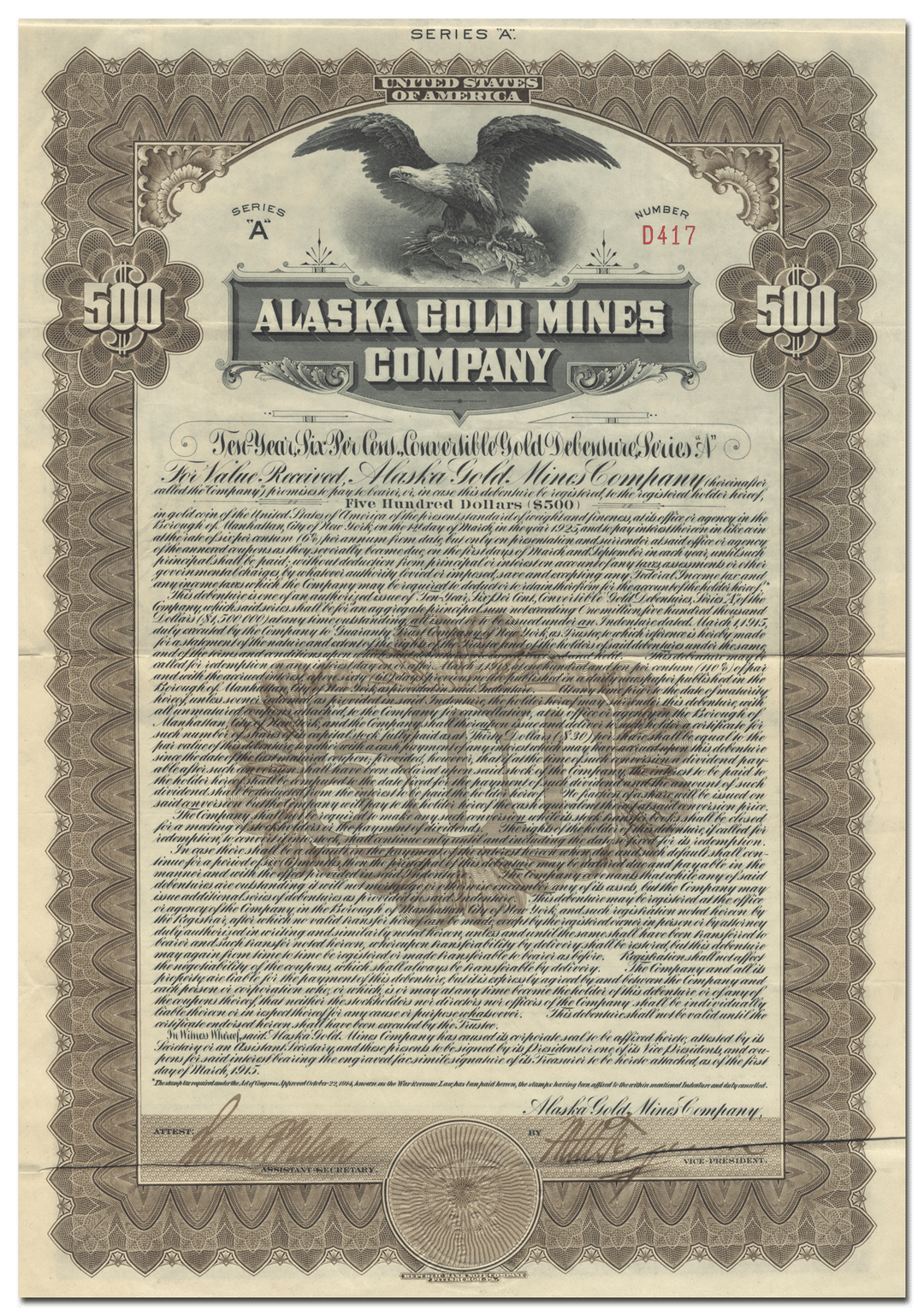 Alaska Gold Mines Company Bond Certificate