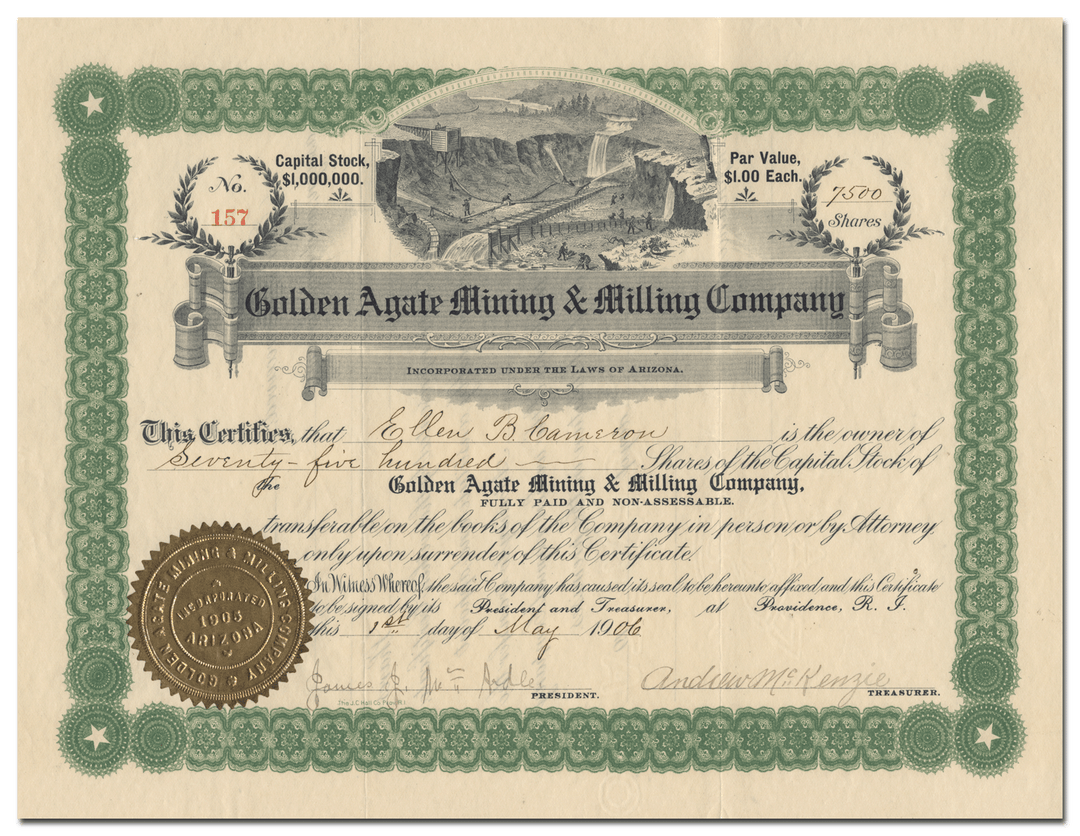 Golden Agate Mining & Milling Company Stock Certificate