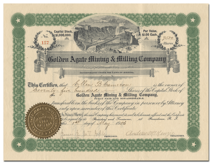 Golden Agate Mining & Milling Company Stock Certificate