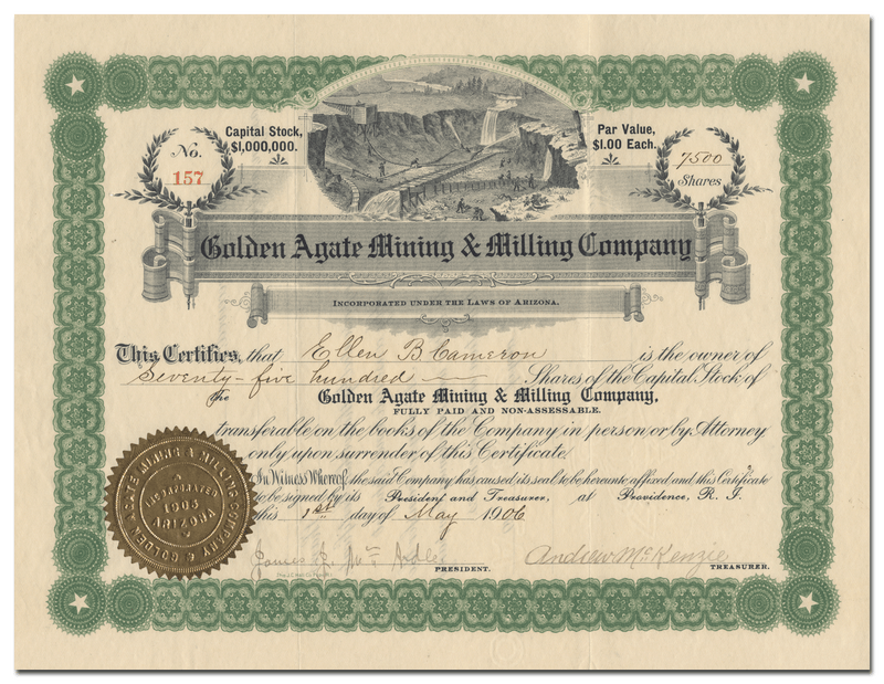 Golden Agate Mining & Milling Company Stock Certificate