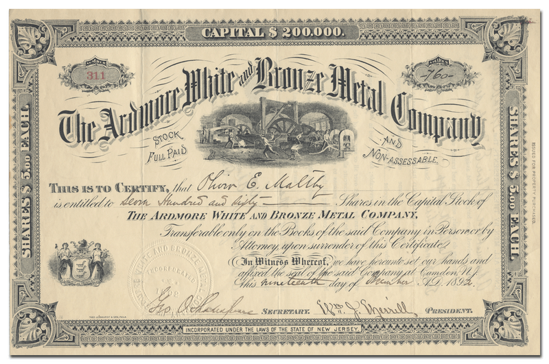 Ardmore White and Bronze Metal Company Stock Certificate