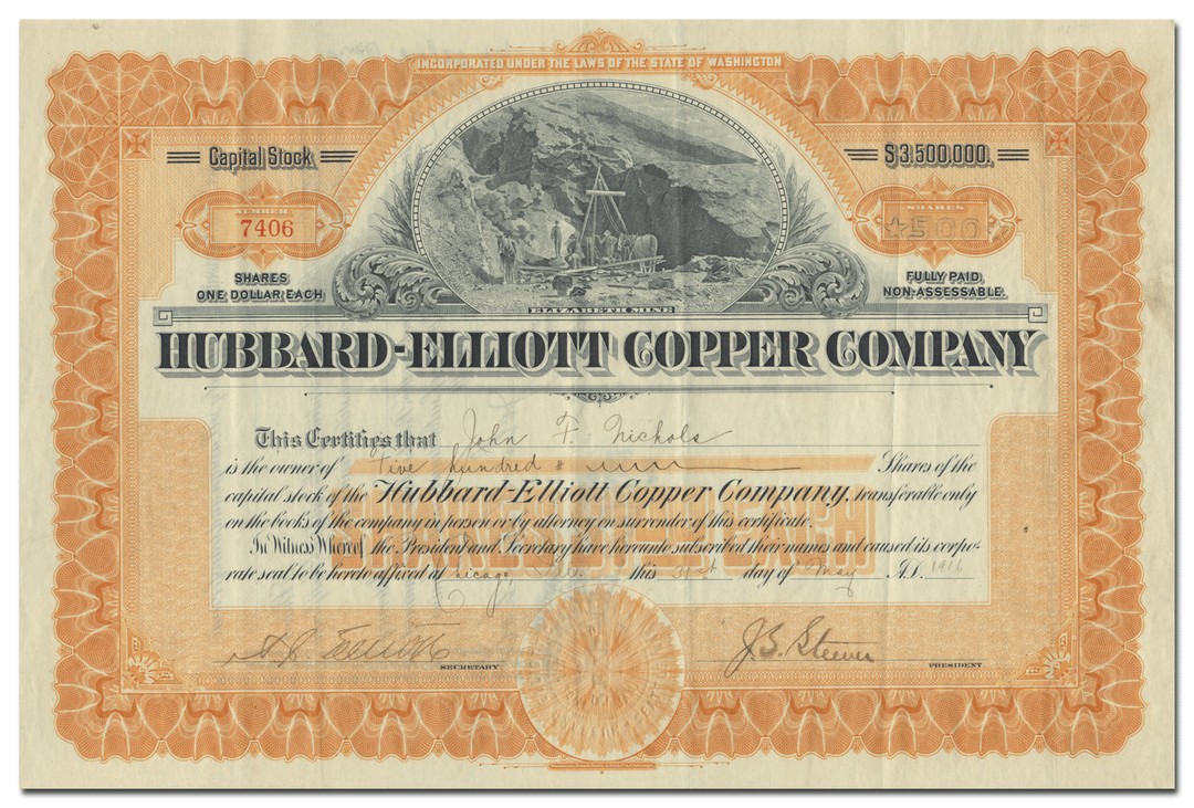 Hubbard-Elliott Copper Company Stock Certificate