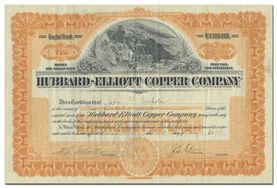 Hubbard-Elliott Copper Company Stock Certificate