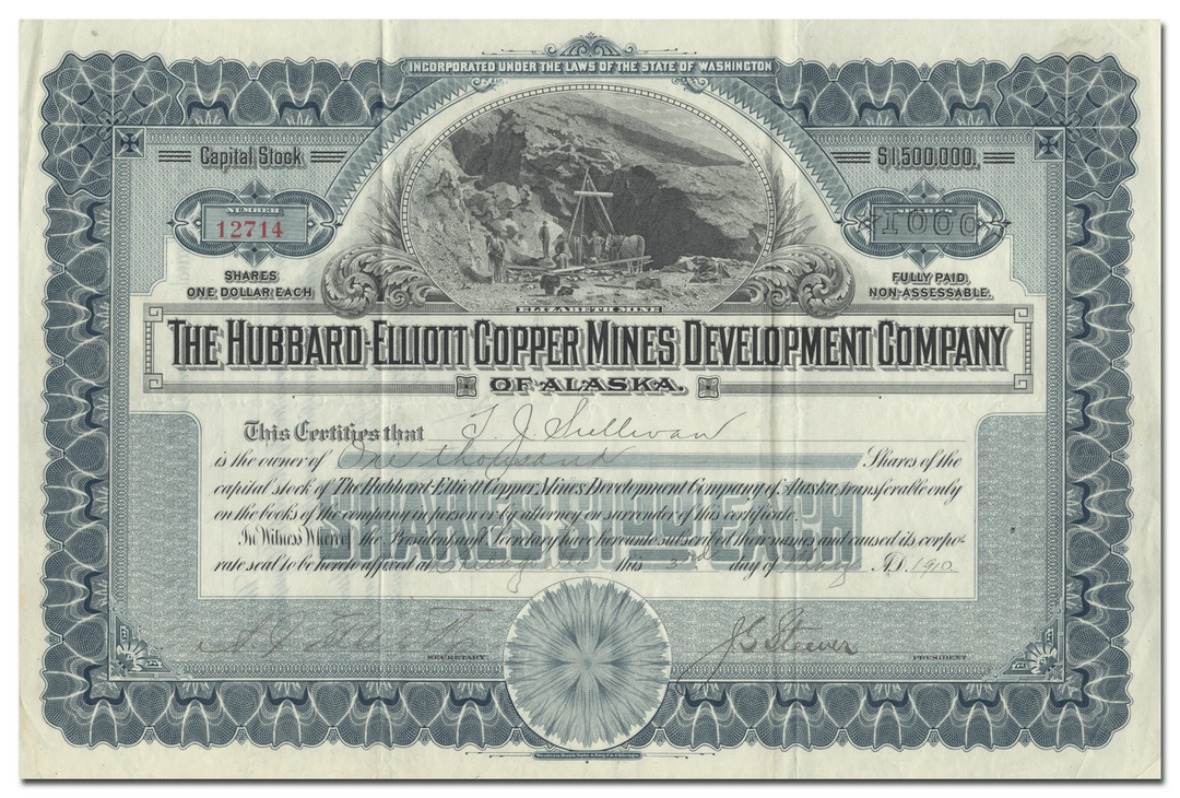 Hubbard-Elliott Copper Mines Development Company of Alaska Stock Certificate