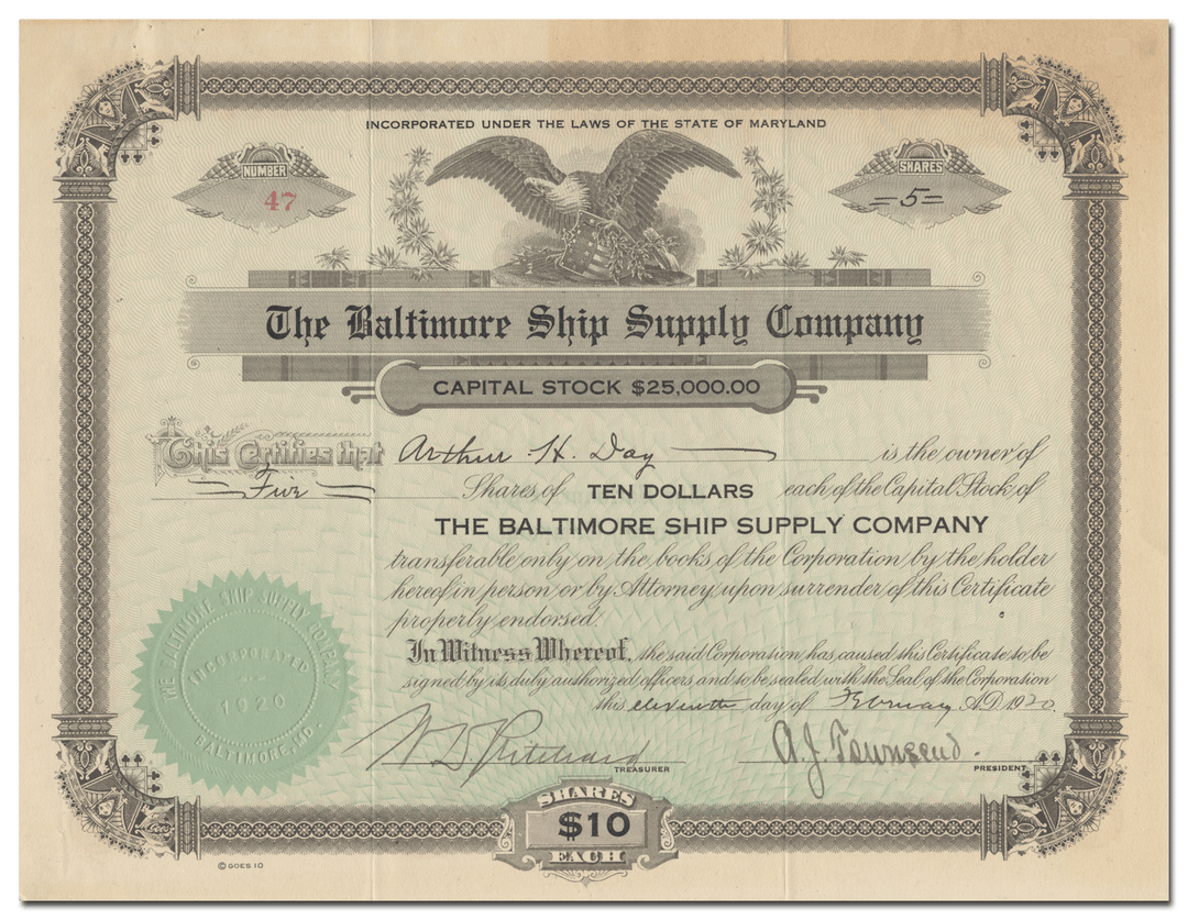 Baltimore Ship Supply Company Stock Certificate