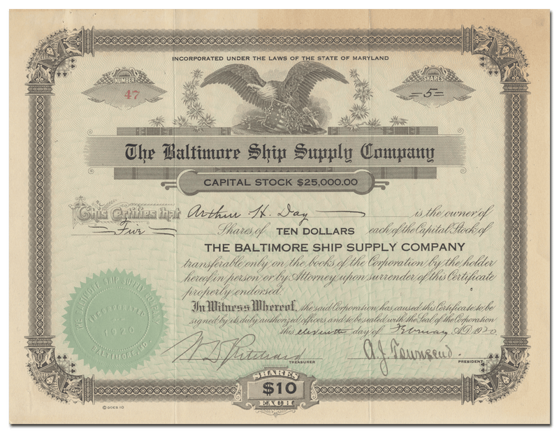 Baltimore Ship Supply Company Stock Certificate